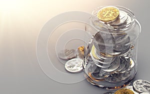 Jar full of different cryptocurrencies. Cryptocurrency portfolio concept. Realistic 3D rendering
