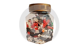 A Jar Full Of Lego In White Isolation Background 01