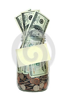 Jar Full of Money, Blank Note, Saving Isolated