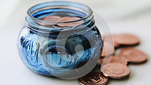 A jar full of pennies and a penny on the table