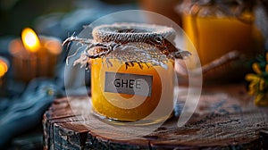 A jar of ghee placed on a carved wooden stump, under warm, cozy lighting