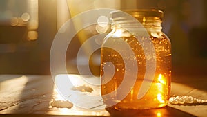 A jar of golden honey glistening in the sunlight made from the nectar of flowers and known for its antibacterial and