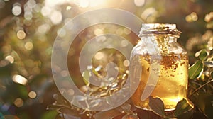 A jar of golden honey glistening in the sunlight made from the nectar of flowers and known for its antibacterial and photo