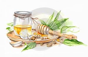 A jar of golden honey, wooden dipper, almonds, and green leaves on a rustic platter. Organic, wholesome, and artful