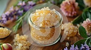 Jar of golden sugar body scrub on a wooden backdrop, surrounded by soft hydrangeas, evoking a spa-like atmosphere of natural