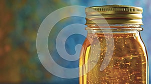 A jar of goldenhued honey a natural sweetener that also has antiinflammatory and immuneboosting properties when used in photo