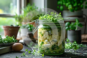 Jar of homemade egg salad with cress.