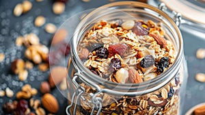 A jar of homemade granola filled with oats nuts and dried fruit perfect for snacking onthego photo