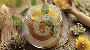 A jar of homemade herbal jam made with detoxifying herbs like amla and ashwagandha used in Ayurvedic rejuvenation