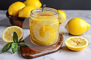 jar of homemade lemon curd with a swirl of yellow