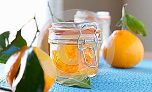 Jar of homemade orange jam with wide aspect ratio photo