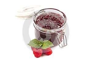 Jar of Homemade Raspberry Jam Isolated on a White Background