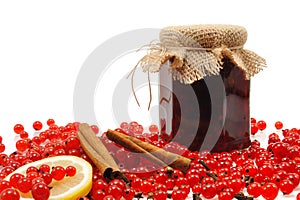 Jar of homemade red currant jam with fresh fruits