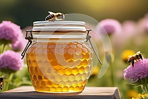 Jar of honey with bees in a beautiful field of blooming wildflowers