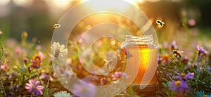 A jar of honey in a blooming meadow full of bees at sunset. Natural organic honey. Beekeeping concept