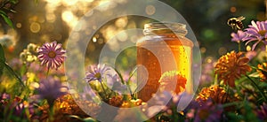 A jar of honey in a blooming meadow full of bees at sunset. Natural organic honey. Beekeeping concept