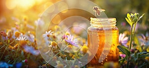 A jar of honey in a blooming meadow full of bees at sunset. Natural organic honey. Beekeeping concept