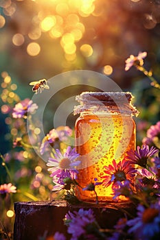 A jar of honey in a blooming meadow full of bees at sunset. Natural organic honey. Beekeeping concept