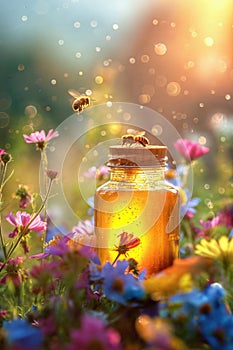 A jar of honey in a blooming meadow full of bees at sunset. Natural organic honey. Beekeeping concept