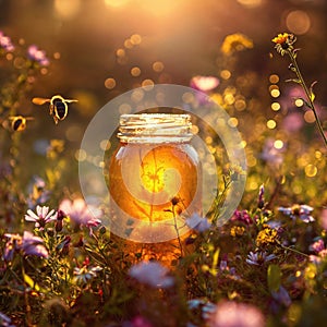 A jar of honey in a blooming meadow full of bees at sunset. Natural organic honey. Beekeeping concept