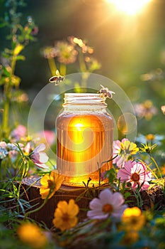 A jar of honey in a blooming meadow full of bees at sunset. Natural organic honey. Beekeeping concept