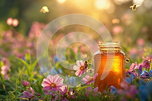A jar of honey in a blooming meadow full of bees at sunset. Natural organic honey. Beekeeping concept