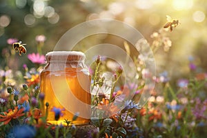 A jar of honey in a blooming meadow full of bees at sunset. Natural organic honey. Beekeeping concept