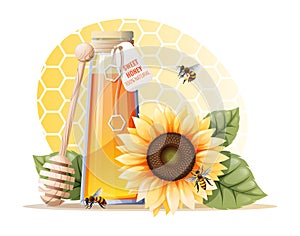 A jar of honey with a bright sunflower, bees and a wooden spoon on a yellow background. Illustration for advertising