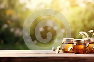 Jar of honey and chamomile on a wooden table with green fields in the background