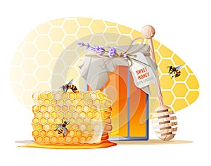 A jar of honey decorated with lavender with a honeycomb and a spoon on a yellow background. Advertising poster, banner