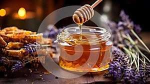 Jar with honey and fresh lavender.