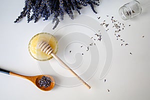 Jar With Honey And Fresh Lavender Flowers