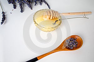 Jar With Honey And Fresh Lavender Flowers