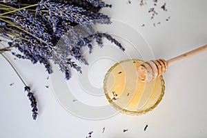 Jar With Honey And Fresh Lavender Flowers