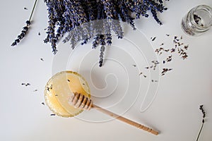 Jar With Honey And Fresh Lavender Flowers