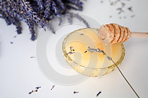 Jar With Honey And Fresh Lavender Flowers