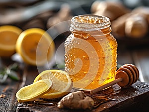 jar of honey with ginger and lemon