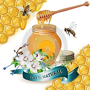 Jar of honey with wooden dipper