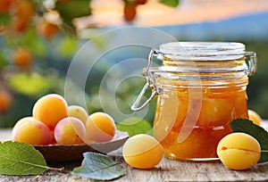 jar of jam and mirabelle plums on a wooden table,