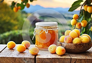 jar of jam and mirabelle plums on a wooden table, ia generated