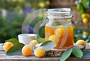 jar of jam and mirabelle plums on a wooden table, ia generated