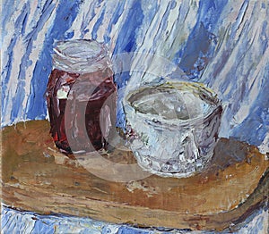 Jar of jam, mug, still life, oil painting