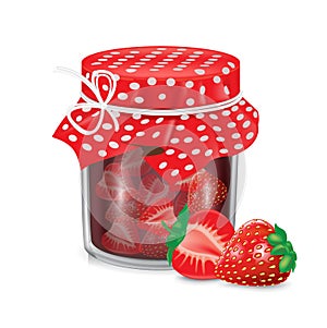 Jar of jam with strawberry fruit isolated