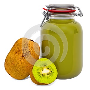 Jar of Kiwi Jam with kiwifruits, 3D rendering