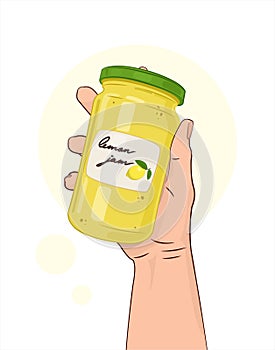 A jar of lemon jam. Yellow jam. Jam from lemon. A jar in a human hand. Isolated vector illustration white background.