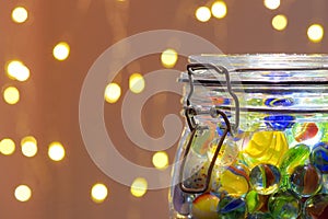 Jar of Marbles and Christmas lights