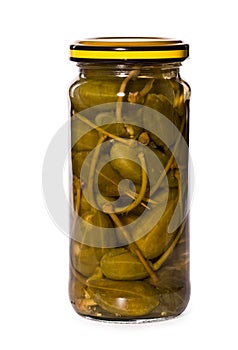 Jar of marinaded capers, isolated