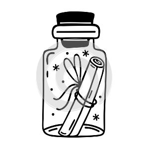 Jar with message. Simple vector icon. Hand drawn doodle isolated on white. Glass bottle with cork