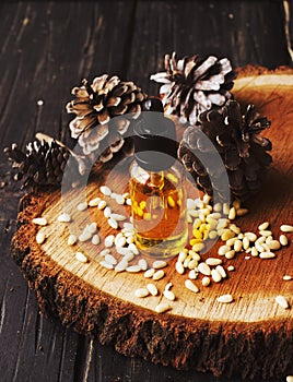 Jar of oil pine nuts,, selective focus, space for text