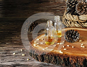 Jar of oil pine nuts,, selective focus, space for text